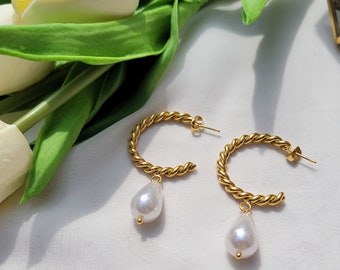 Twisted Rope Hoop Earrings, Gold Pearl Dangle Drop Earrings  Trendy Bridesmaid Minimalist Gift, pearl rope hoop earring, mother's day gift