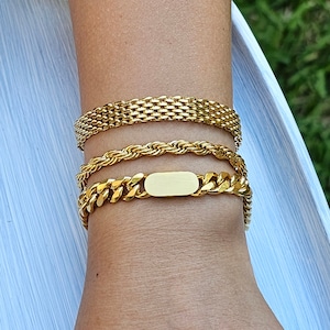 18K Gold Vintage Retro Mesh Bracelet, Stainless Steel Chain Bracelet, Jewelry Bracelet, Herringbone Chain, Women Men Gold Gift, Waterproof image 1