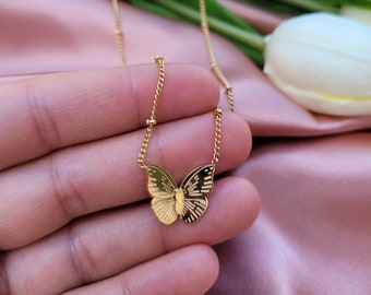 Gold Butterfly Bead Necklace, Butterfly Chain, Bead Chain, 18K Gold Filled Necklace, Birthday Gift, Minimalist Gift, Gift For Her, Mom Gift