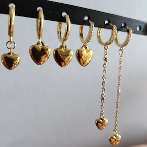 Gold Heart Earrings, Dangle Heart Earrings, Dainty Heart Earrings, Mini Puffy Heart, Delicate, Birthday Gift, Christmas Gift, Gift for her