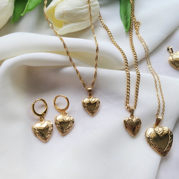 Collier médaillon coeur rempli d'or 18 carats, petit médaillon, grand médaillon, cadeau minimaliste, cadeau personnalisé, bijoux imperméables, service photo gratuit