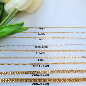 18K oro lleno, collar de cadena de oro, cadena de torsión, cadena de fígaro, cadena delicada, cadena de cuentas, cadena de bordillo, cadena cubana, cadena de eslabones, cadena de cuerda