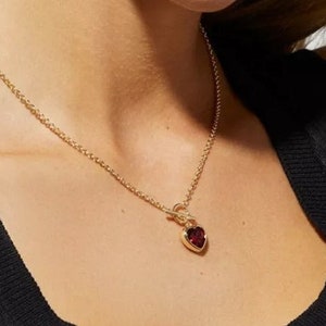 Red Heart Necklace, Love Necklace, Gold Necklace, Dainty Necklace, Dainty Chain, Genuine Red Agate Stone Necklace, Dainty Red Gemstone Heart