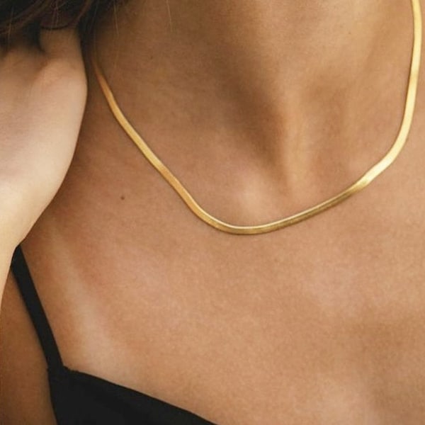 18k Gold Filled Herringbone Necklace,18k Gold Filled Herringbone Choker, Layering Necklace, Flat Chain Snake Necklace, chriatmas gifts