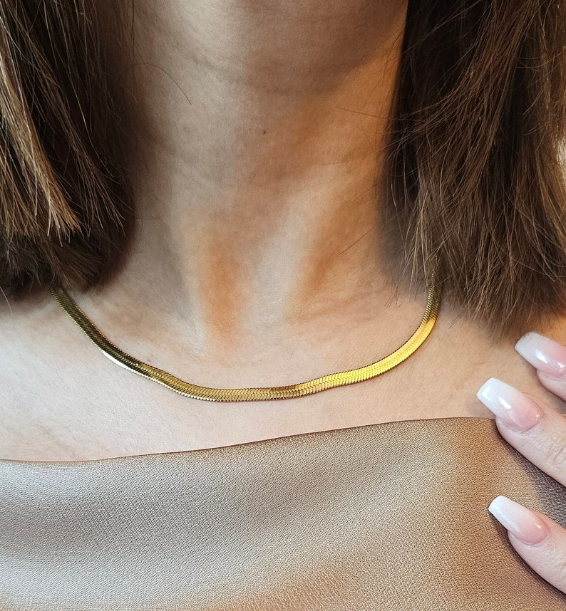 18k Gold Filled Herringbone Necklace, 18k Gold Filled Herringbone Choker, Layering Necklace, Flat Chain Snake Necklace, Christmas gift image 3