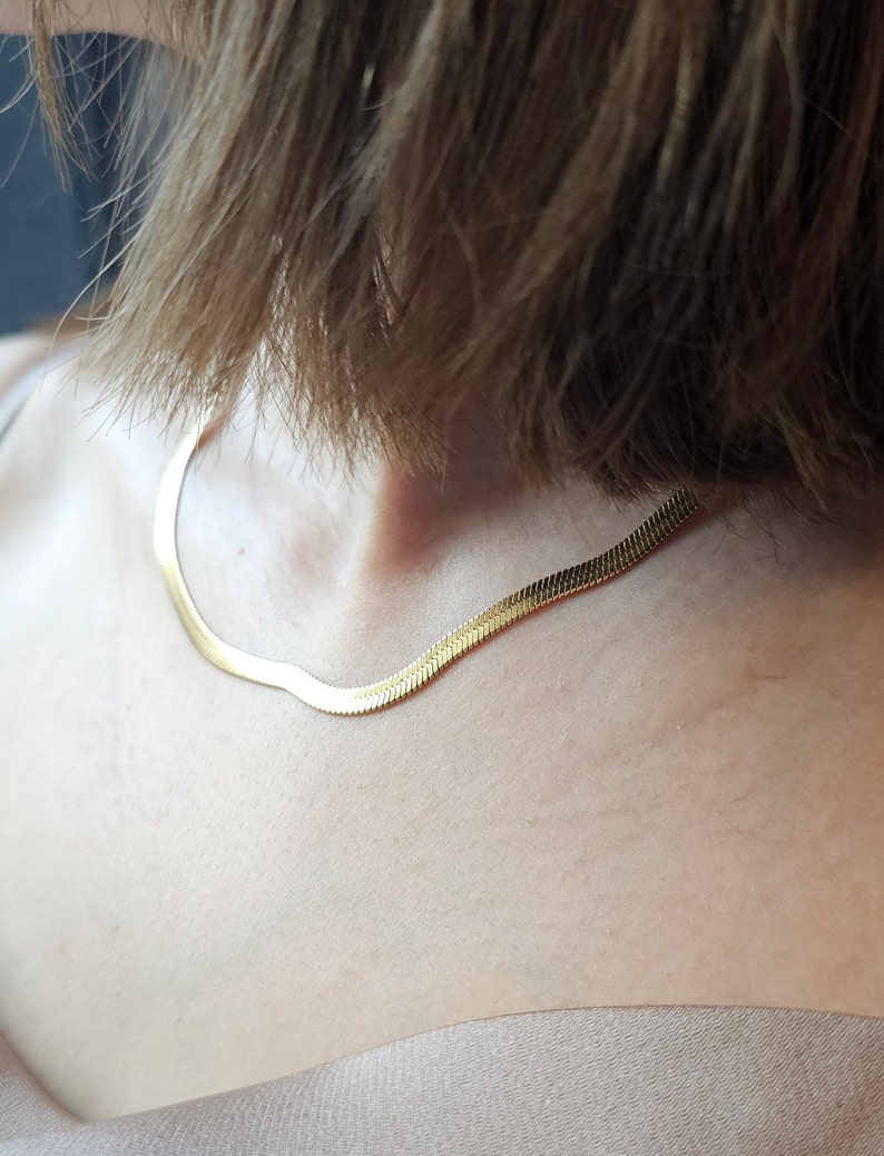 18k Gold Filled Herringbone Necklace, 18k Gold Filled Herringbone Choker, Layering Necklace, Flat Chain Snake Necklace, Christmas gift image 2