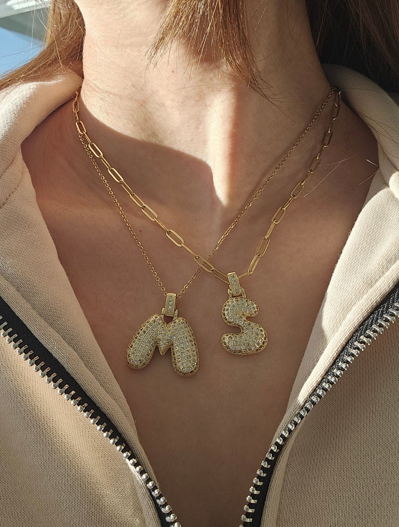 Balloon Letter Necklace, Bubble Pave Initial Pendant, 3D Gold Letter Necklace, Pave Personalized Bubble Necklace image 2