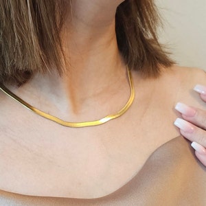 18k Gold Filled Herringbone Necklace, 18k Gold Filled Herringbone Choker, Layering Necklace, Flat Chain Snake Necklace, Christmas gift image 1