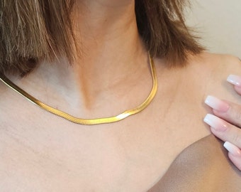 18k Gold Filled Herringbone Necklace, 18k Gold Filled Herringbone Choker, Layering Necklace, Flat Chain Snake Necklace, Christmas gift