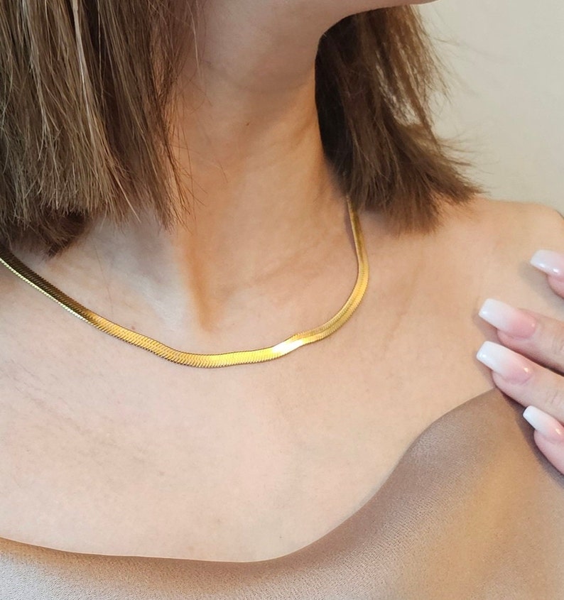 18k Gold Filled Herringbone Necklace, 18k Gold Filled Herringbone Choker, Layering Necklace, Flat Chain Snake Necklace, Christmas gift image 1