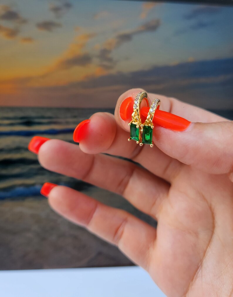 Emerald Earrings, May Birthstone, gold emerald earring, Zircon Stone Earrings, waterproof earrings, Colorful Earrings, Gemstone image 3