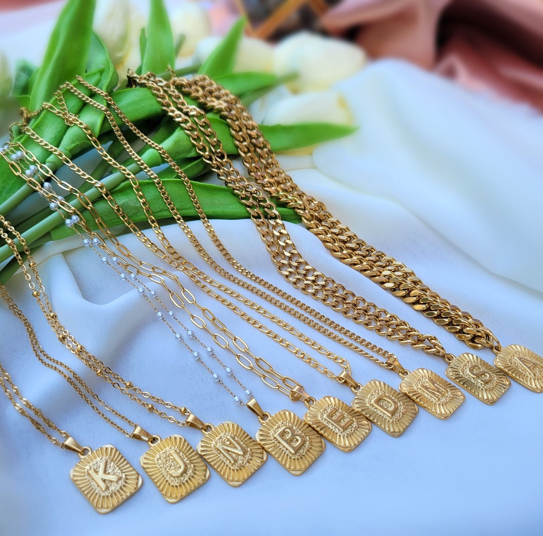 18K Gold Initial Letters Necklace Gold Initial Letter Pendant Etsy