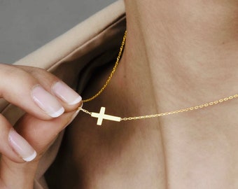 14K Gold Cross Necklace, Sideways Cross Charm Necklace, gold cross necklace, Cross necklace women, sideways cross,gift for women, necklaces