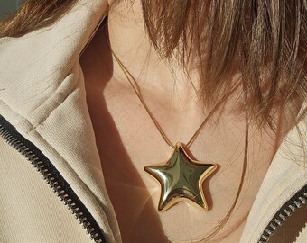 Chunky Star Necklace, Gold Puffy Star Necklace, Star Pendant, Celestial Necklace, Statement Necklace, gift for her, Gold Necklace, gift