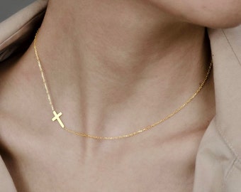 18K Gold Cross Necklace, Sideways Cross Charm Necklace, gold cross necklace, Cross necklace women, sideways cross,gift for women, necklaces