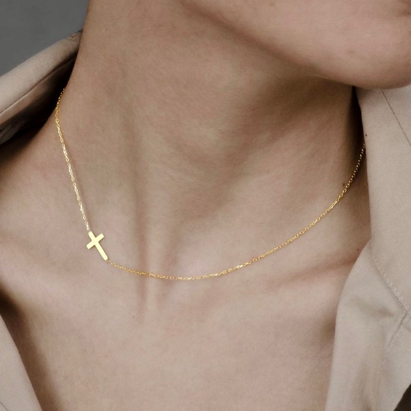 18K Gold Cross Necklace, Sideways Cross Charm Necklace, gold cross necklace, Cross necklace women, sideways cross,gift for women, necklaces