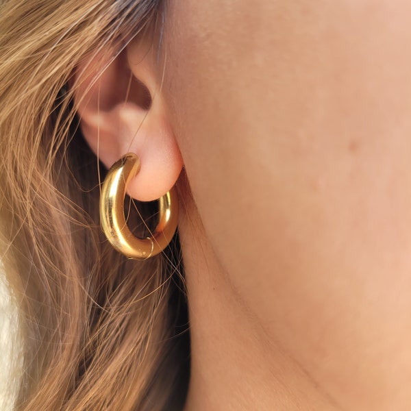 18K Gold Filled Hoop Earrings, Gold WATERPROOF Hoop Earrings, Simple Daily Wear Hoops, Anti Tarnish Jewelry,18k Gold earrings , Thick Gold