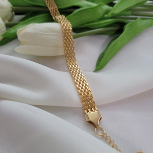 18K Gold Vintage Retro Mesh Bracelet, Stainless Steel Chain Bracelet, Jewelry Bracelet, Herringbone Chain, Women Men Gold Gift, Waterproof image 6