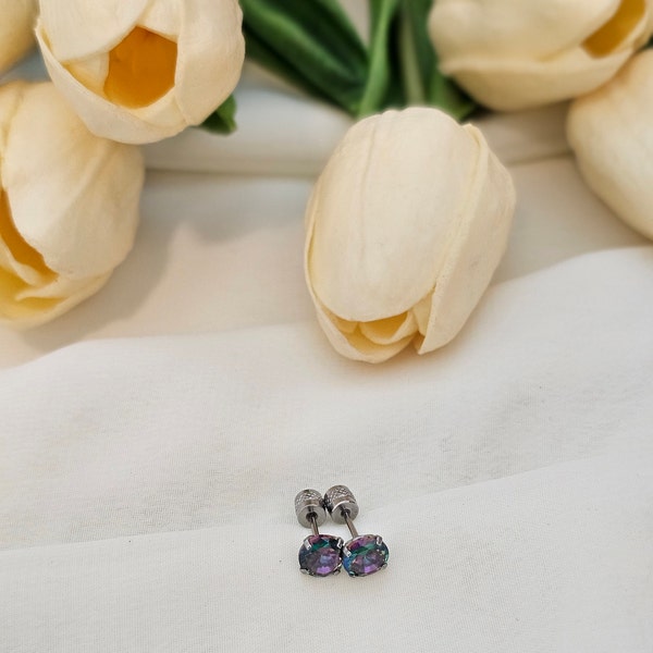 Alexandrite earrings, dainty alexandrite earrings, brilliant cut purple and green alexandrite earrings, flatback earrings, screwback studs