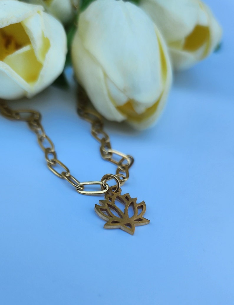 Lotus Necklace, Dainty Gold Necklace, Gold lotus necklace, Yoga Jewelry, Lotus Flower Necklace, Moms Birthday Gift, Bridesmaid Gift image 1