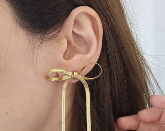 Gold Bow earrings, herringbone bow earrings, light weight earrings, gold earrings, gift for her, Silver Earrings, Mother's day gift