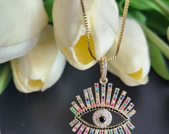 VERMEIL Evil Eye Necklace, evil eye pendant, Talisman Necklace, Lucky Necklace, gold necklace, simple necklace, Hallowen gift