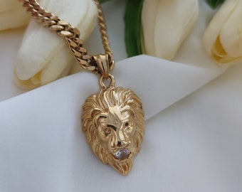 Gold Lion Necklace, Lion Head Pendant Mens Necklace, Cuban Chain, Delicate Necklace with Tiny Lion Charm, Lion Pendant, Gift For Him,