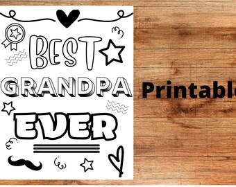 May include: Black and white printable colouring page with the text "Best Grandpa Ever" and various decorative elements, including stars, hearts, and a moustache.