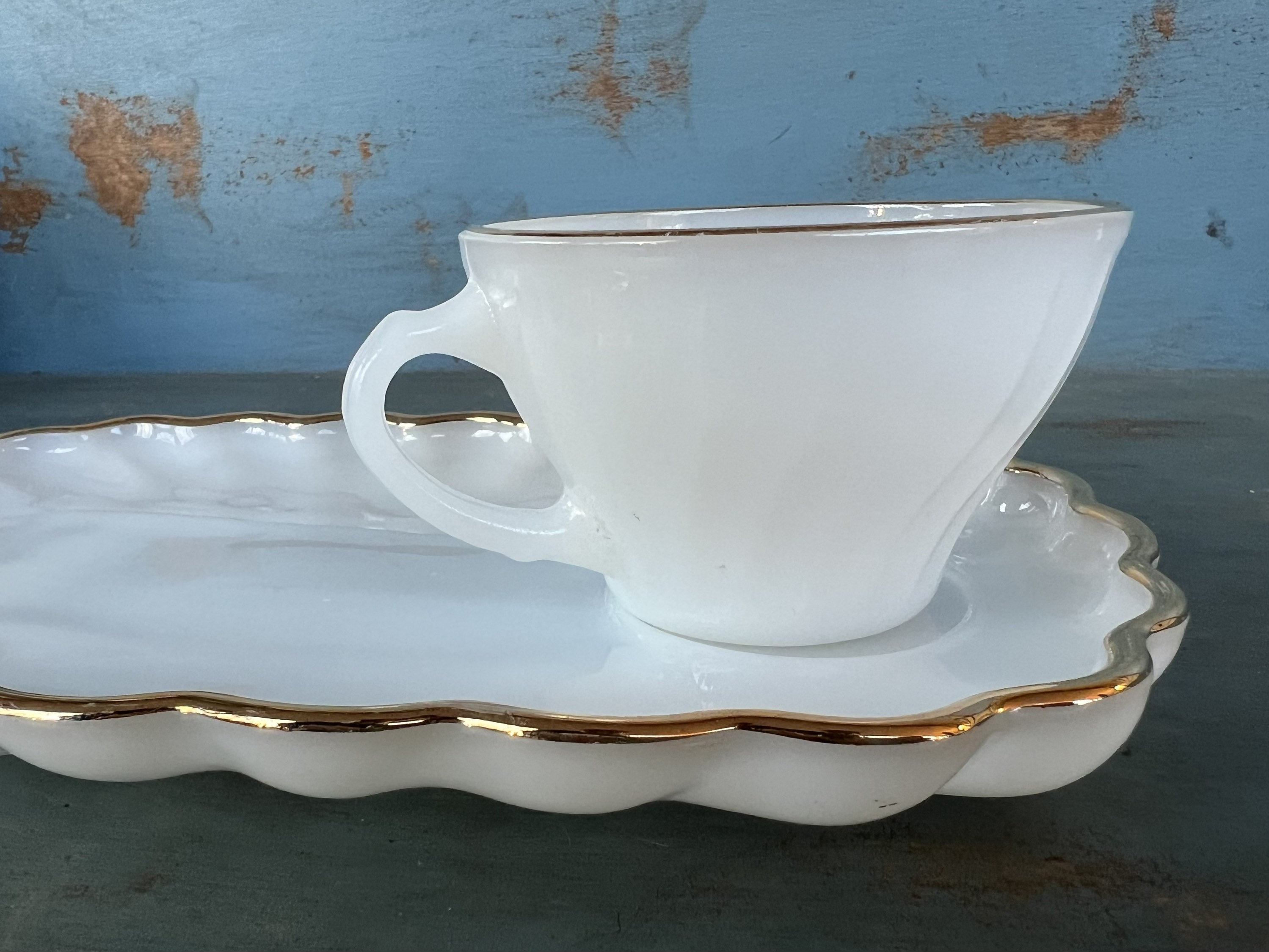 Vintage Milk Glass Snack Set Anchor Hocking Etsy