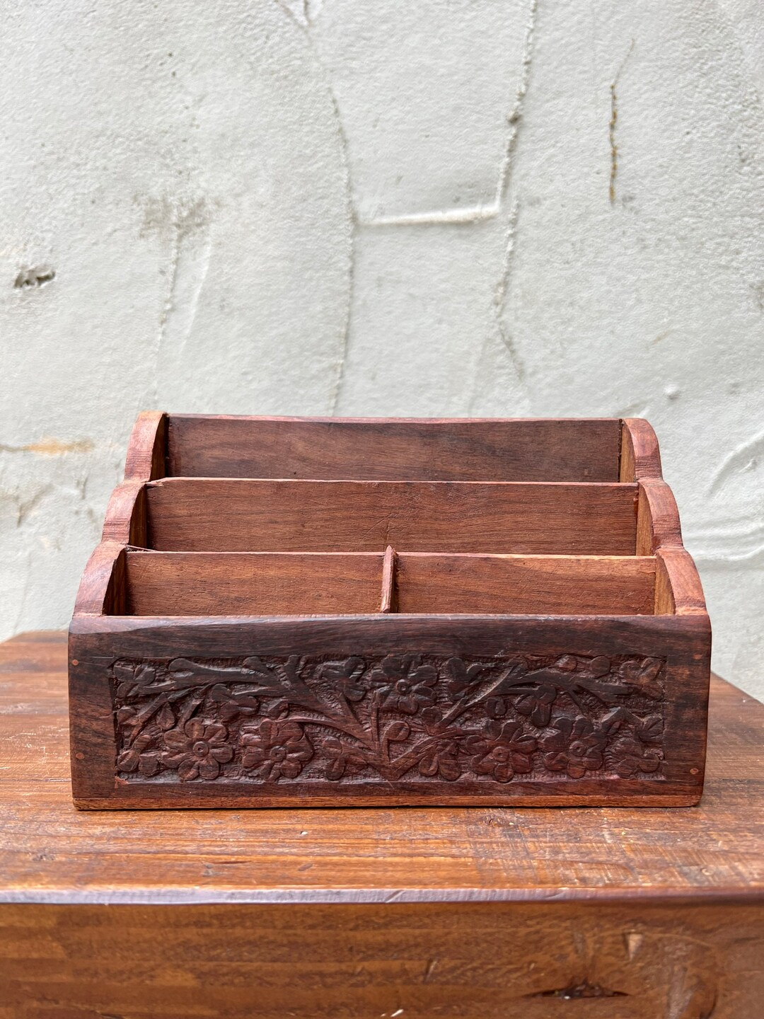 Vintage Handcarved Letter Box Desk Organizer Carved Wood Etsy