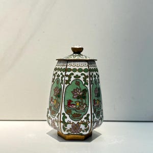 Stunning Small Cloissone Brass Enameled Haxagonal Jar with Lid