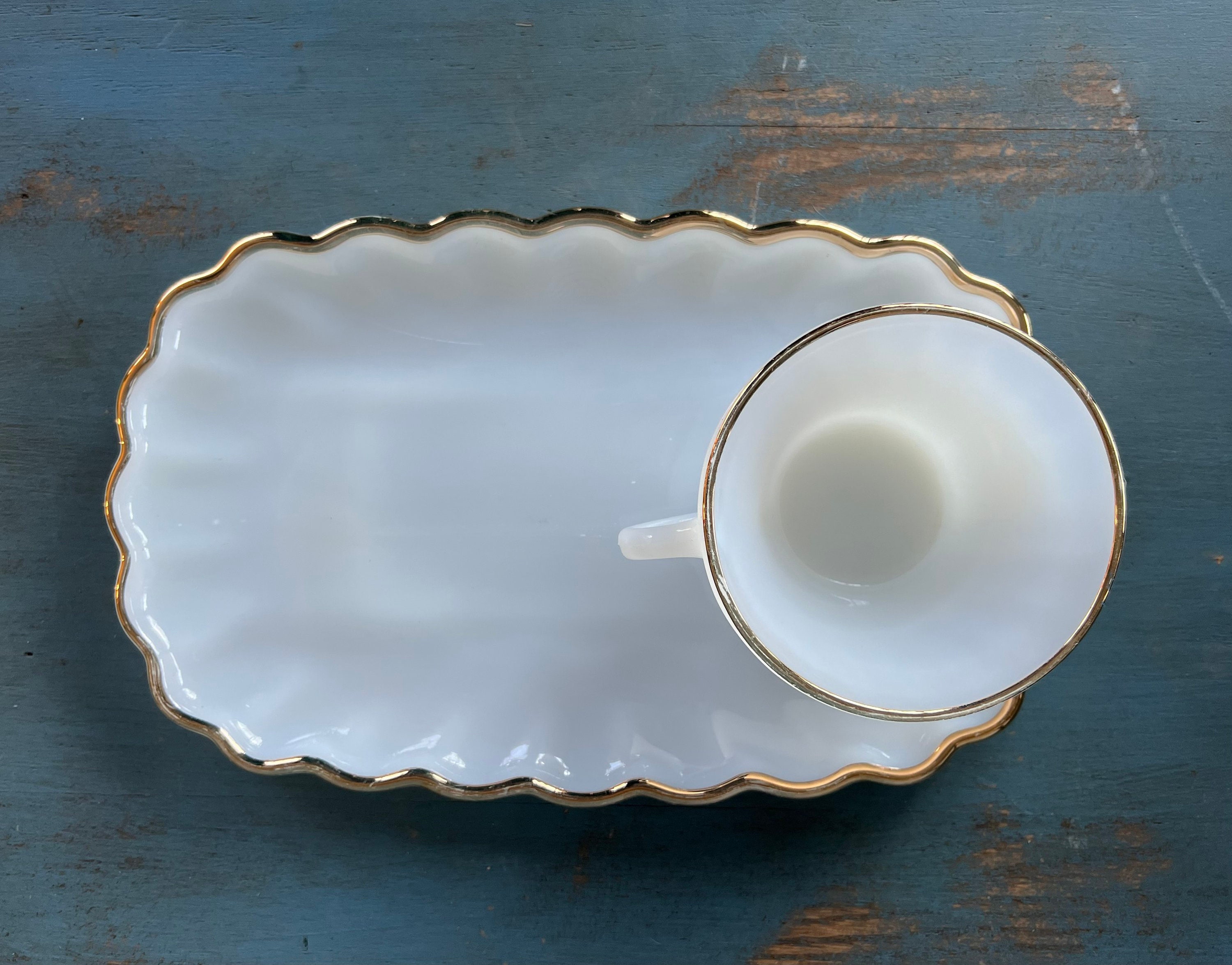 Vintage Milk Glass Snack Set Anchor Hocking Etsy