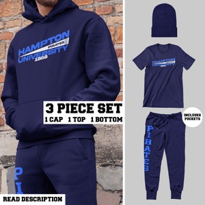 Hampton (3 Piece Navy Set - 1 Cap, 1 Top, 1 Bottom) - Hampton Pirates, Vintage Hampton U Apparel, Hampton Alumni, Hampton Homecoming