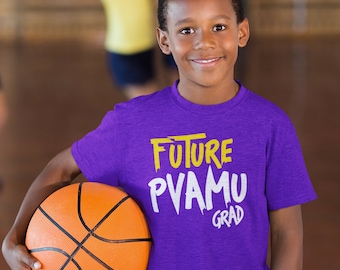 May include: A young boy wearing a purple t-shirt with the text "FUTURE PVAMU GRAD" in yellow and white lettering. He is holding an orange basketball.