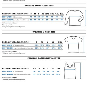 May include: A size chart for women's tops, including tees, long-sleeve tees, v-neck tees, and racerback tank tops. The chart shows measurements in inches for body width and body length for sizes XS, S, M, L, XL, 2XL, 3XL, 4XL, and 5XL.