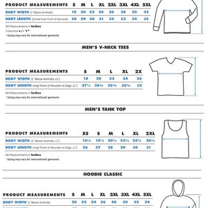 May include: A product measurement chart for various men's apparel, including classic tees, long sleeve tees, V-neck tees, tank tops, hoodies, and crewnecks. The chart provides body width and length measurements in inches for each size, from XS to 5XL.