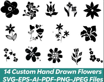 May include: A set of 14 black and white hand-drawn flower illustrations. The flowers are in various styles, including simple, detailed, and whimsical.