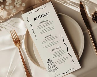 Plantilla de menú de boda con diseño Doodle: Diseño de Canva imprimible y pintado a mano (PDF)