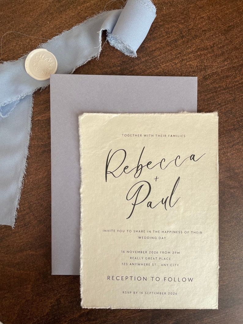 Deckled Edge Paper Wedding Invitation Suite / Chiffon Ribbon / Wax Seals / Deckled Paper / Recycled Paper image 4