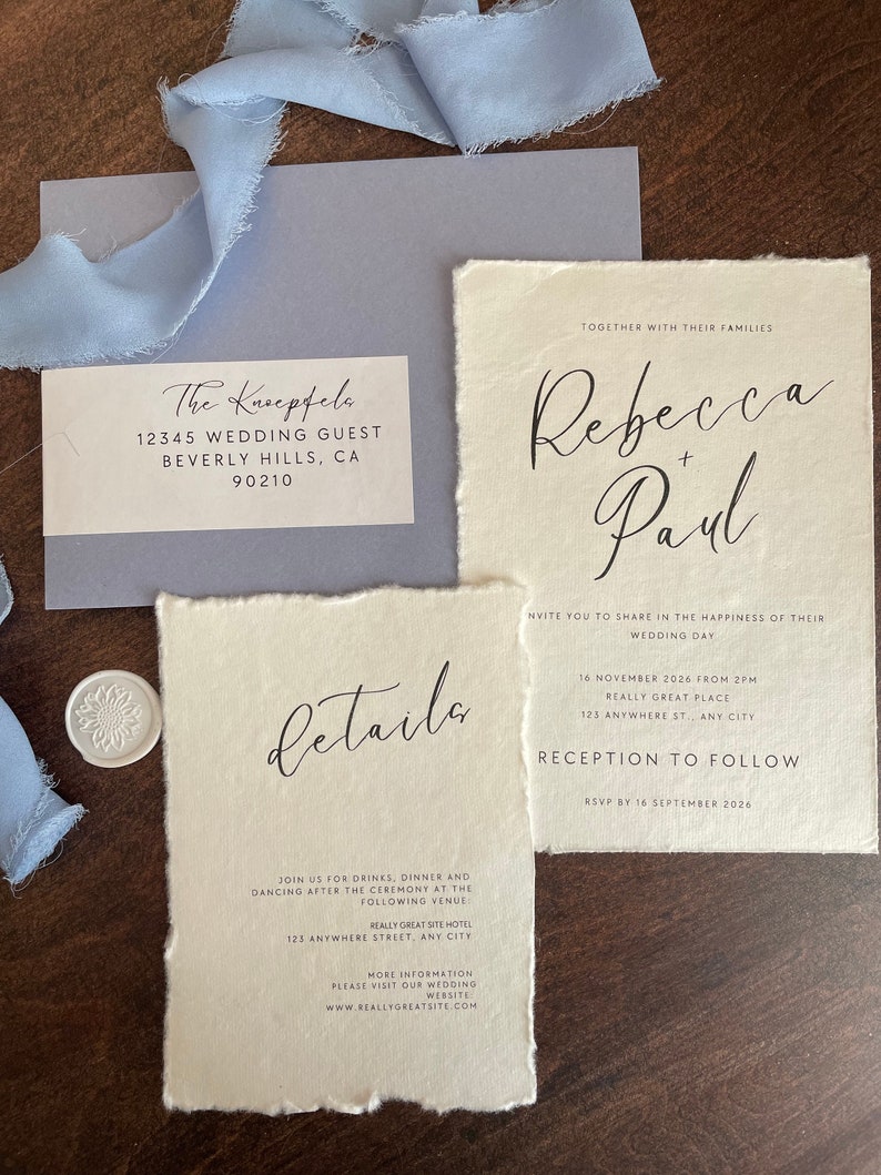 Deckled Edge Paper Wedding Invitation Suite / Chiffon Ribbon / Wax Seals / Deckled Paper / Recycled Paper image 5