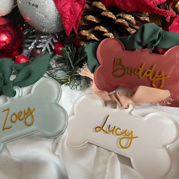 Custom Acrylic Dog Bone Ornament / Christmas Ornament / Custom Ornament / Custom Stocking Tag / Custom Gift Tag / Dog Mom Gift