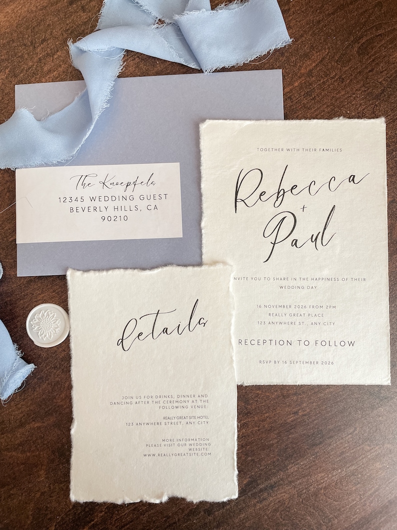 Deckled Edge Paper Wedding Invitation Suite / Chiffon Ribbon / Wax Seals / Deckled Paper / Recycled Paper image 1