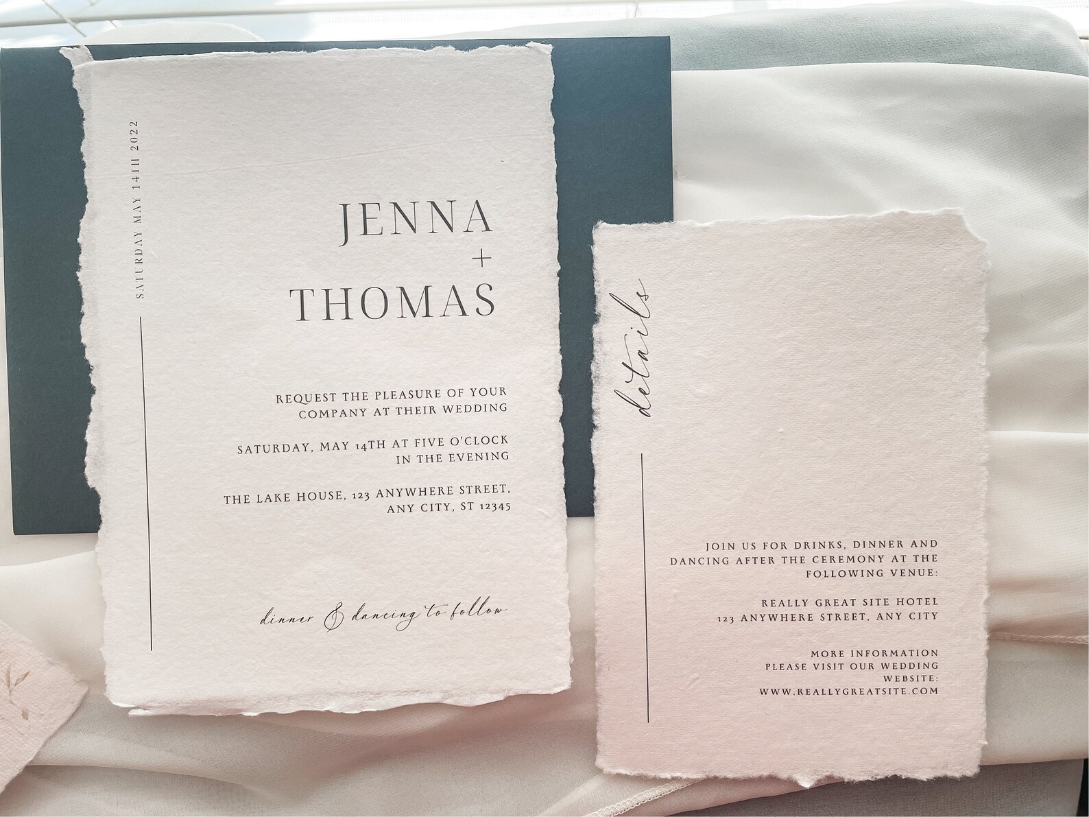 Deckled Edge Paper Wedding Invitation Suite With Chiffon Ribbon and Wax ...