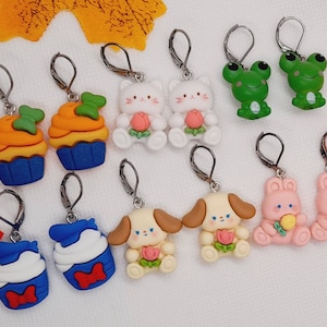 Kawaii earrings, children&#39;s earrings, bunny earrings, frog, rabbit, kitten, dog, souvenir birthday gift