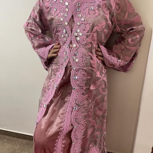 Handmade Vintage Turkish Abaya Thobe Embroidered Ancient Pink wedding Dress