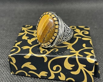 Handmade Tiger Eye Stone Ring Silver 925 Sterlling Brown For Men's Size 10 Us