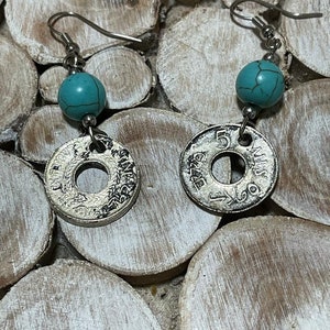 Handmade earring from a very old palestinian coin with circles of natural stones image 3