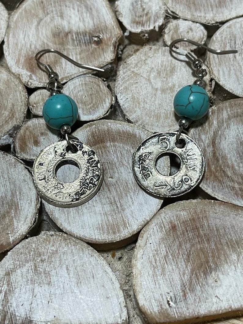 Handmade earring from a very old palestinian coin with circles of natural stones image 3