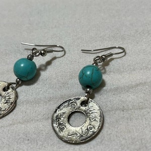 Handmade earring from a very old palestinian coin with circles of natural stones image 6