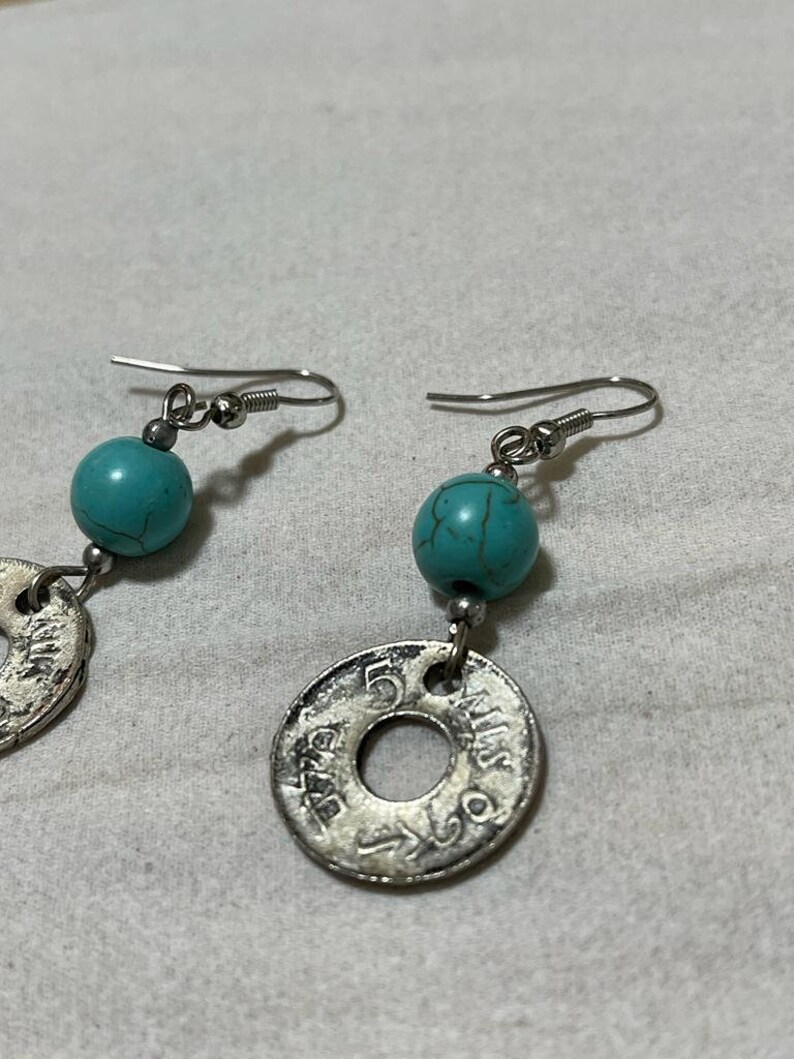 Handmade earring from a very old palestinian coin with circles of natural stones image 6